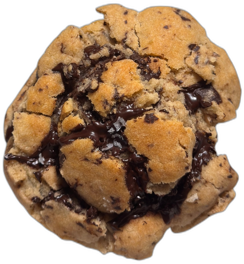 A 115g eggless brown-butter cookie with dark chocolate chunks, top-down view