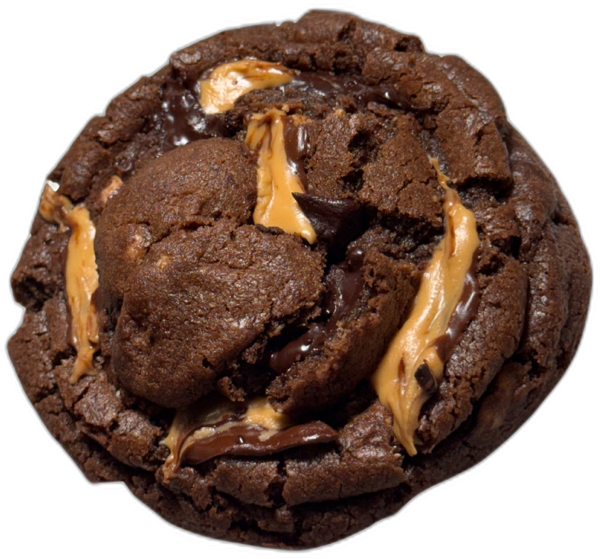 A 115g dark chocolate cookie ribboned with peanut butter, top-down view
