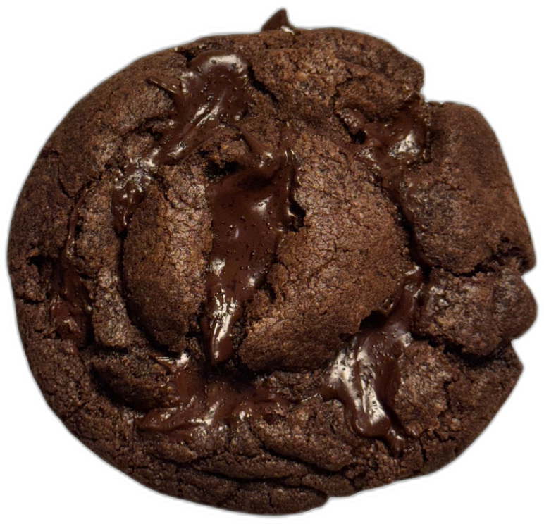 A 115g double chocolate cookie, deep cocoa with bittersweet shards, top-down view