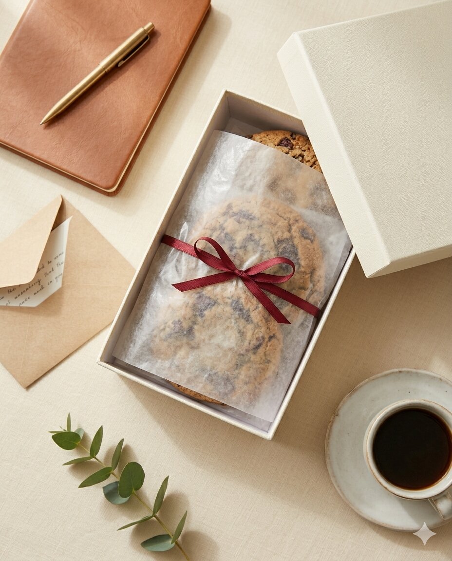 A cream gift box of 405 Bakehouse cookies on a desk, ribbon-tied