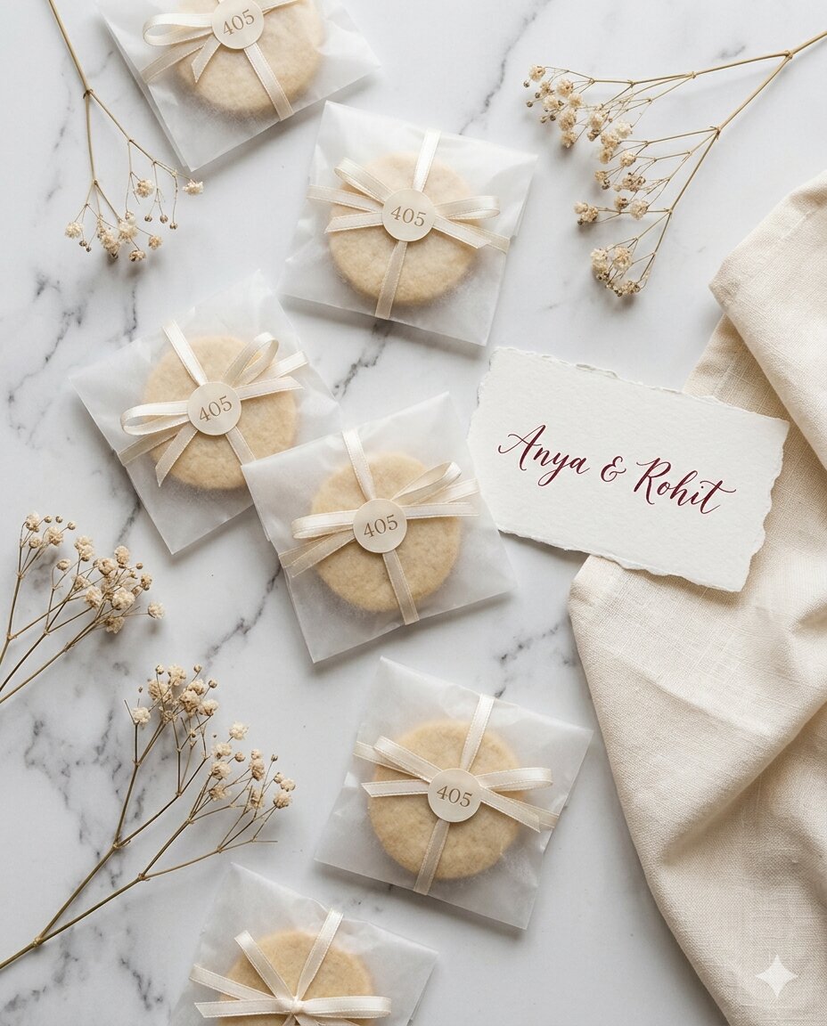 Wedding favour cookies arrayed on white marble, individually wrapped