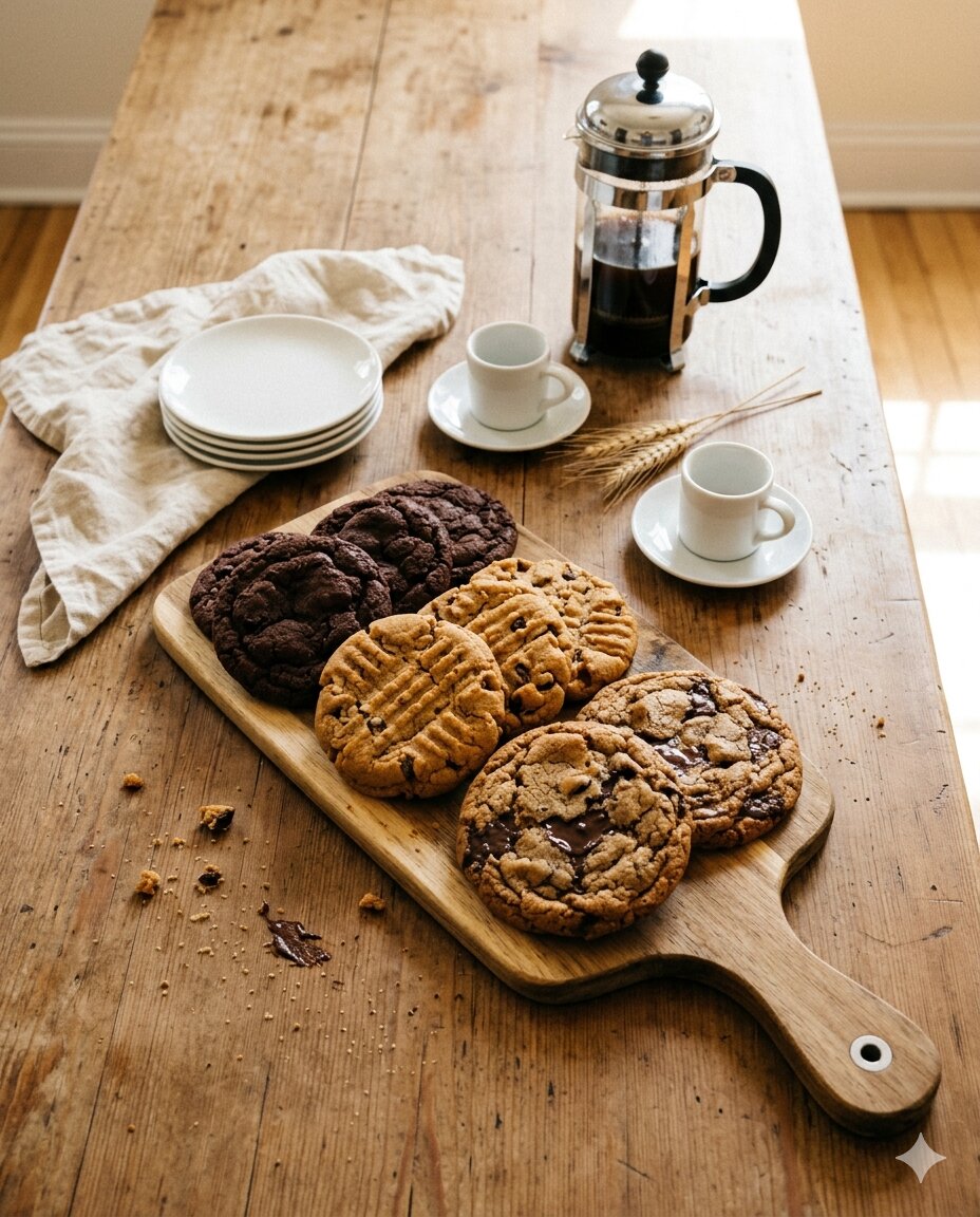 A wooden board catering spread of mixed cookies, served at an event