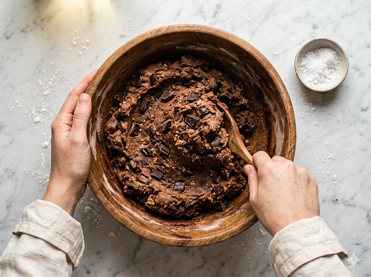 Hands kneading aged cookie dough on a floured surface