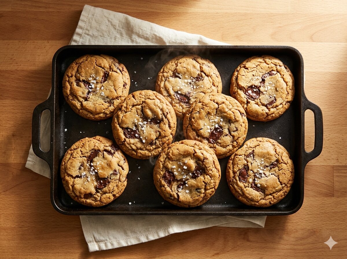 A cast-iron tray of fresh-baked cookies cooling, sea salt visible on top
